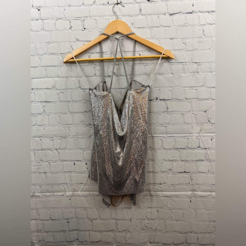 ZARA Chain Mail Silver Metal Drop Neckline Split Back Womens Size Small Top